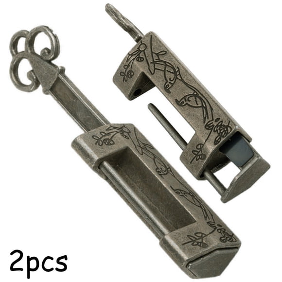 2 Pcs Vintage Antique Lock Old Style Key And Lock Brass Carved Word Padlock
