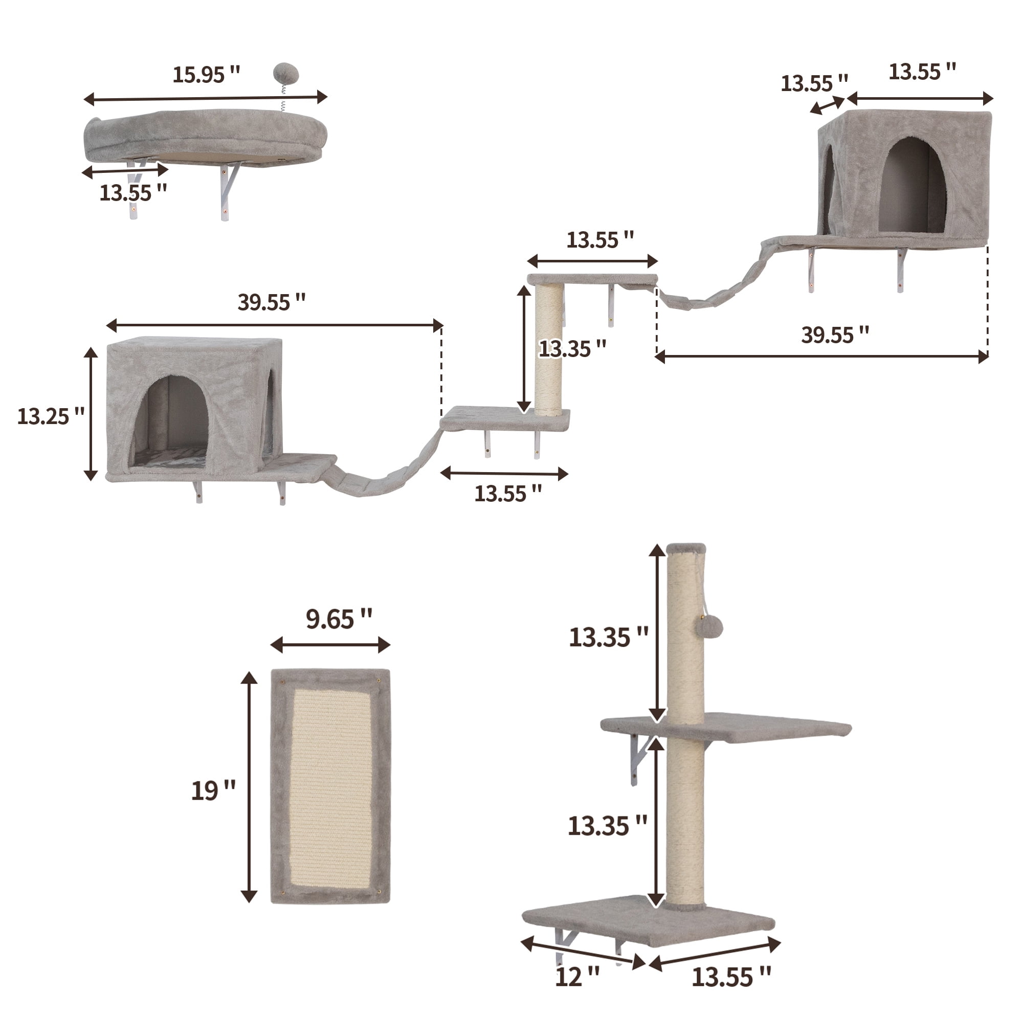 Pefilos 6 Set Wall-mounted Cat Tree House, Cat Furniture with 2 Cat Condos, 3 Cat Wall Shelves, 2 Ladder, 1 Cat Perch, Sisal Cat Scratching Posts and Pad, Light Gray Pefilos 6 Set Wall-mounted Cat Tree House, Cat Furniture with 2 Cat Condos, 3 Cat Wall Shelves, 2 Ladder, 1 Cat Perch, Sisal Cat Scratching Posts and Pad, Light Gray