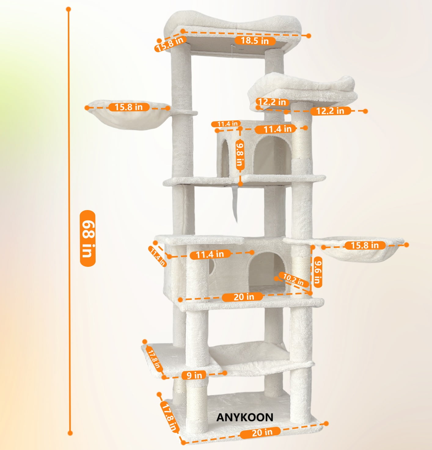 ANYKOON 68in Tall 6-Level Green Cat Tree with Hammocks, Hanging Basket, Cat Cave, Removeable Cushion, Scratching Posts - Plush Cat Tower for Indoor Cats, Perfect for Multiple Cats, Beige