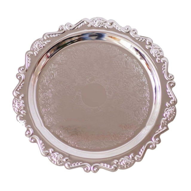 Round Fruit Plate, Embossed Edges Multifunctional Metal Serving Tray for Household Golden,Silver
