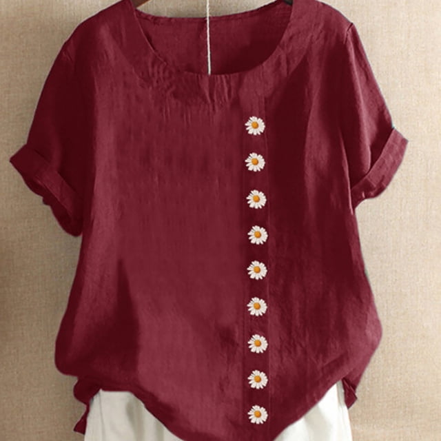 Sonducket Blusa Lino Suelta Camisa Manga Corta Cuello Mujer Top Verano Prendas para la parte del cuerpo Rojo 4XL