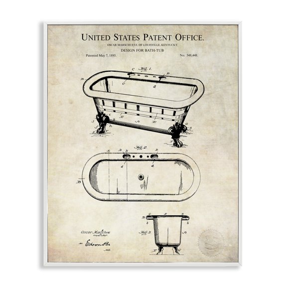 Stupell Industries Industrial Vintage Bathtub Patent Diagram White Framed Giclee Art, 24 x 30, by Karl Hronek