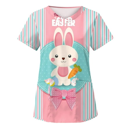 

Tarmeek Women s Scrub Tops Easter Shirts Fashion Short Sleeve V-Neck Tops Working Uniform Printing Pocket Blouse Tops Easter bunny Costume Casual Easter Print Plus Size Tops
