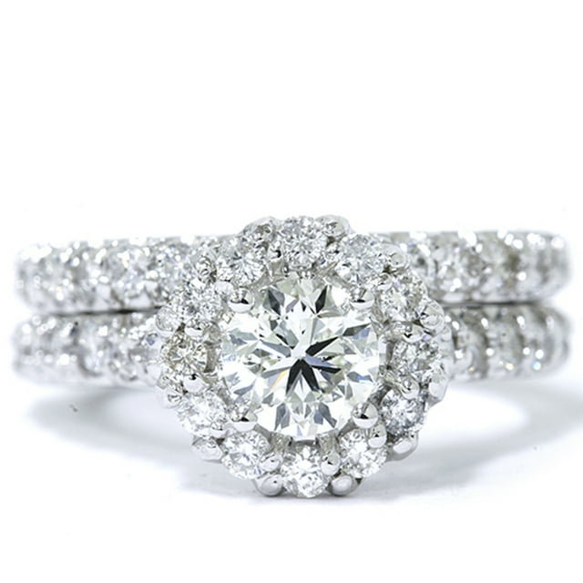 Ensemble de Bagues de Fiançailles en Diamant Halo 1 7/8ct Or Blanc 14K