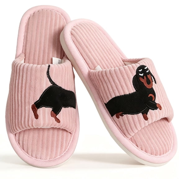 Knivor Cute Animal Slippers for Women Dachshund Sausage Dog Embroidered Corduroy Open Back House Slippers Warm Non Slip Cozy Indoor Bedroom Slide Slippers