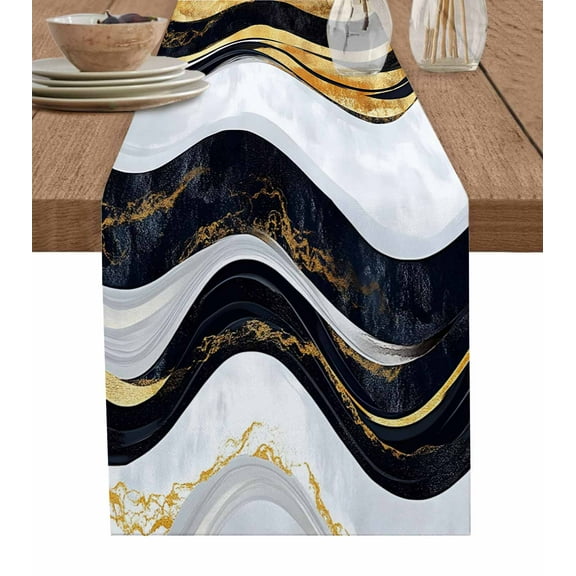 Table Runner Abstract Black White Gold Stripes Table Decoration for Kitchen Dinning Modern Table Decoration for Indoor Outdoor Party Wedding Decor 13x90inch