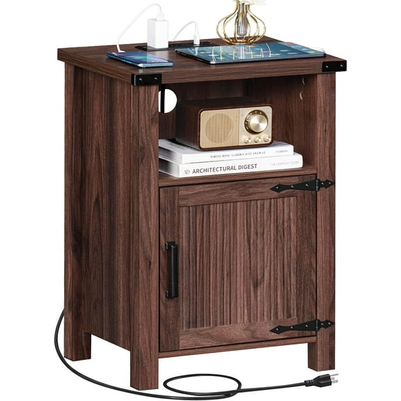 Wubio Night Stand, 18 Inch Farmhouse Nightstand with with Charging Station and USB Port, Rustic Couch End Table with Magnetic Door, Wood Bed Side Tables for Bedroom, Home, Brown Walnut