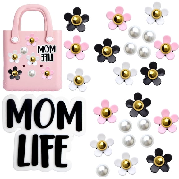 24pcs Bogg Bag Accessories White Pearls and Colorful Flowers Decoration Charms Black Momlife Insert Charm Clasp Women Gifts for Simply Southern Beach Bag Tote Bags Handbags