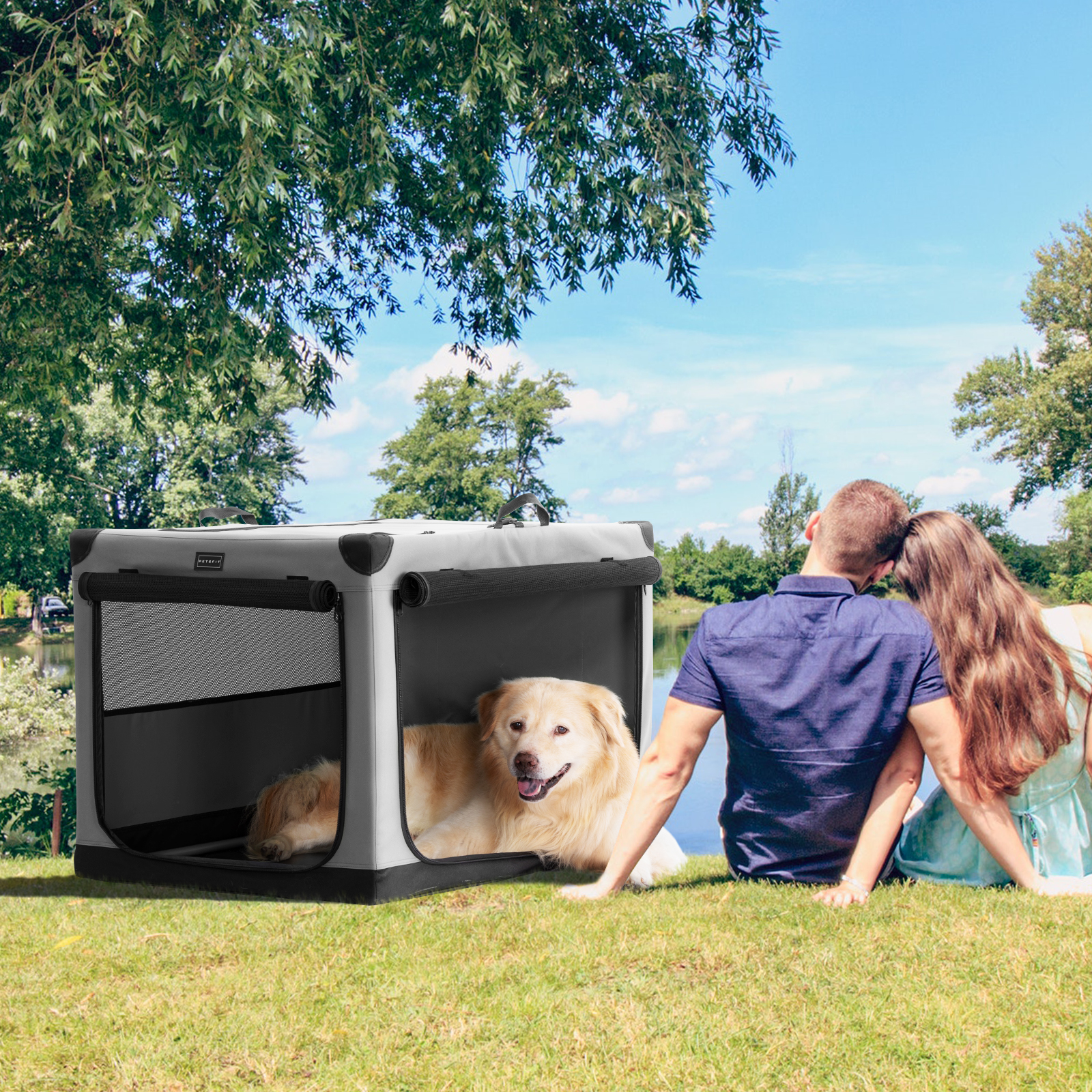PETSFIT Soft Sided Dog Crate, Soft Dog Crate - 36 Inch Lightweight, Easy Setup, Sturdy Portable Dog Crate, Adjustable Framework with 3 Mesh Door, Collapsible Dog Kennel Grey