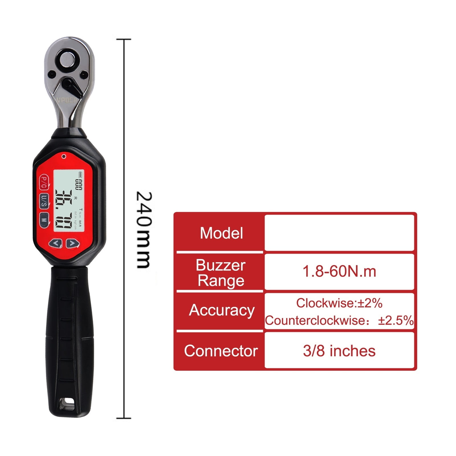 3/8-inch Drive 1.8-60 Nm Digital Torque Wrench, 1.33-44.25 Ft-lbs (16-531 Inch Pound) With Buzzer & LED, Calibrated ,Precision & Robust