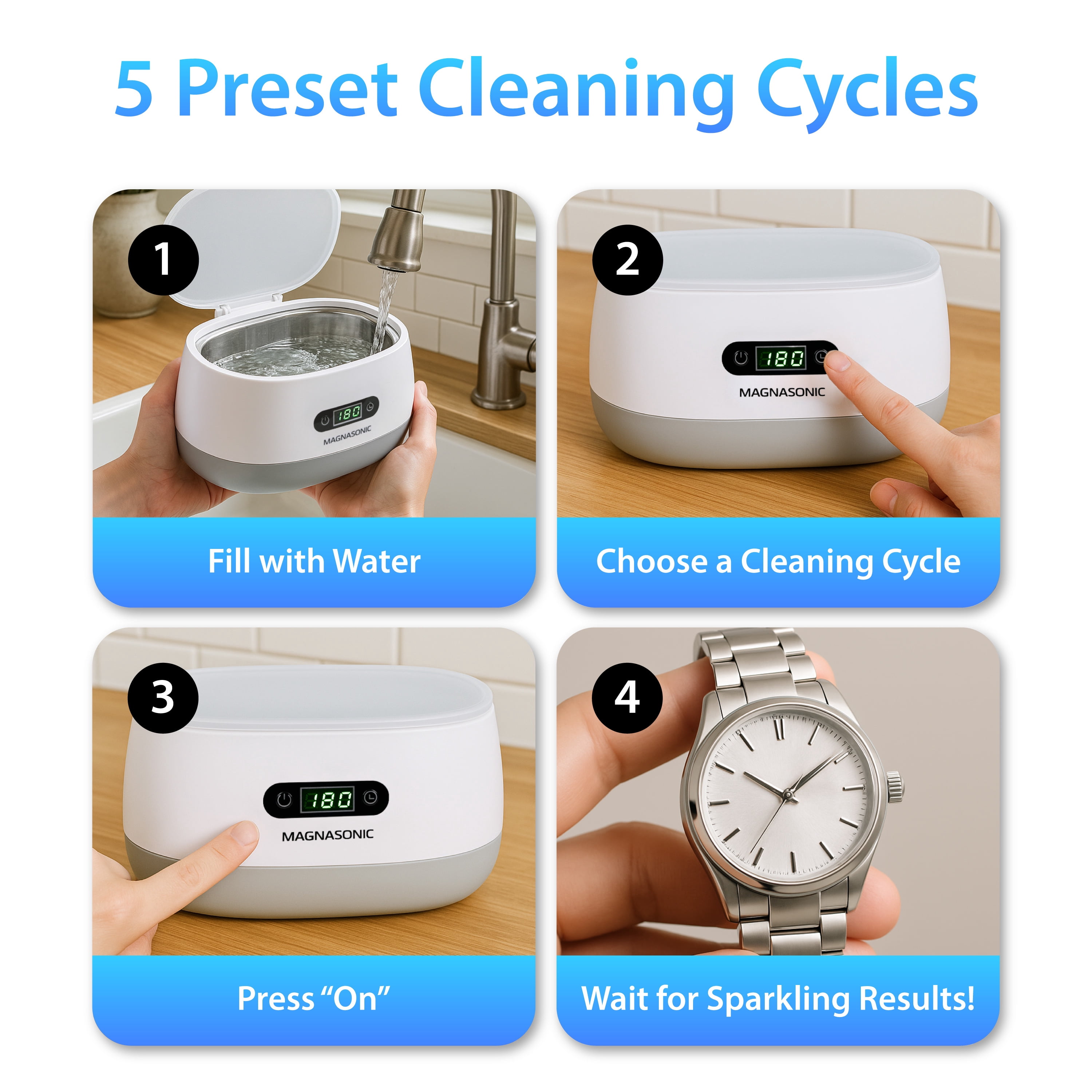 Magnasonic Ultrasonic Cleaner - 20oz Tank Ultrasonic Retainer Cleaner w/ 8oz Gem & Jewelry Cleaner Concentrate Solution, Digital Timer, 5 Cleaning Modes for Glasses, Rings, Dentures, Tools, Aligners