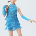 thumbnail image 6 of Alvivi Kids Girls Latin Ballroom Dancing Outfits Sleeveless Tassels Fringed Leotard Dresses with Gloves Sky Blue 13-14, 6 of 6