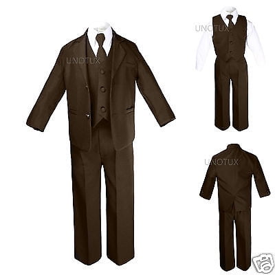 

New Baby Infant Toddler Kid Formal Wedding Tuxedo Brown Boy Suit 5pc Set sz S-12