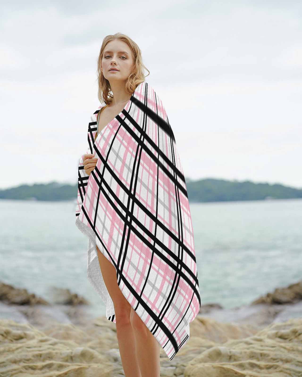 Pink Black Plaid Beach Towels Oversized Super Absorbent, Farmhouse Pink Black Checkered Lightweight Bath Towel Quick Dry Sets For Bathroom/Pool/Rv Camping/Beach Play/Gym Room/Picnic 23"x47"