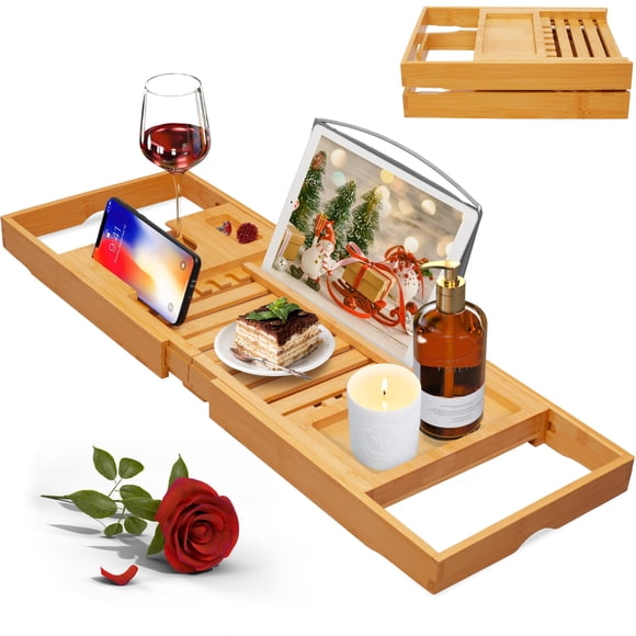 Artmalle Luxury Bathtub Caddy Tray for Tub - Foldable Bamboo Bath Table Tray with Book and Wine Glass Holder, Expandable Bathroom Accessories for Spa