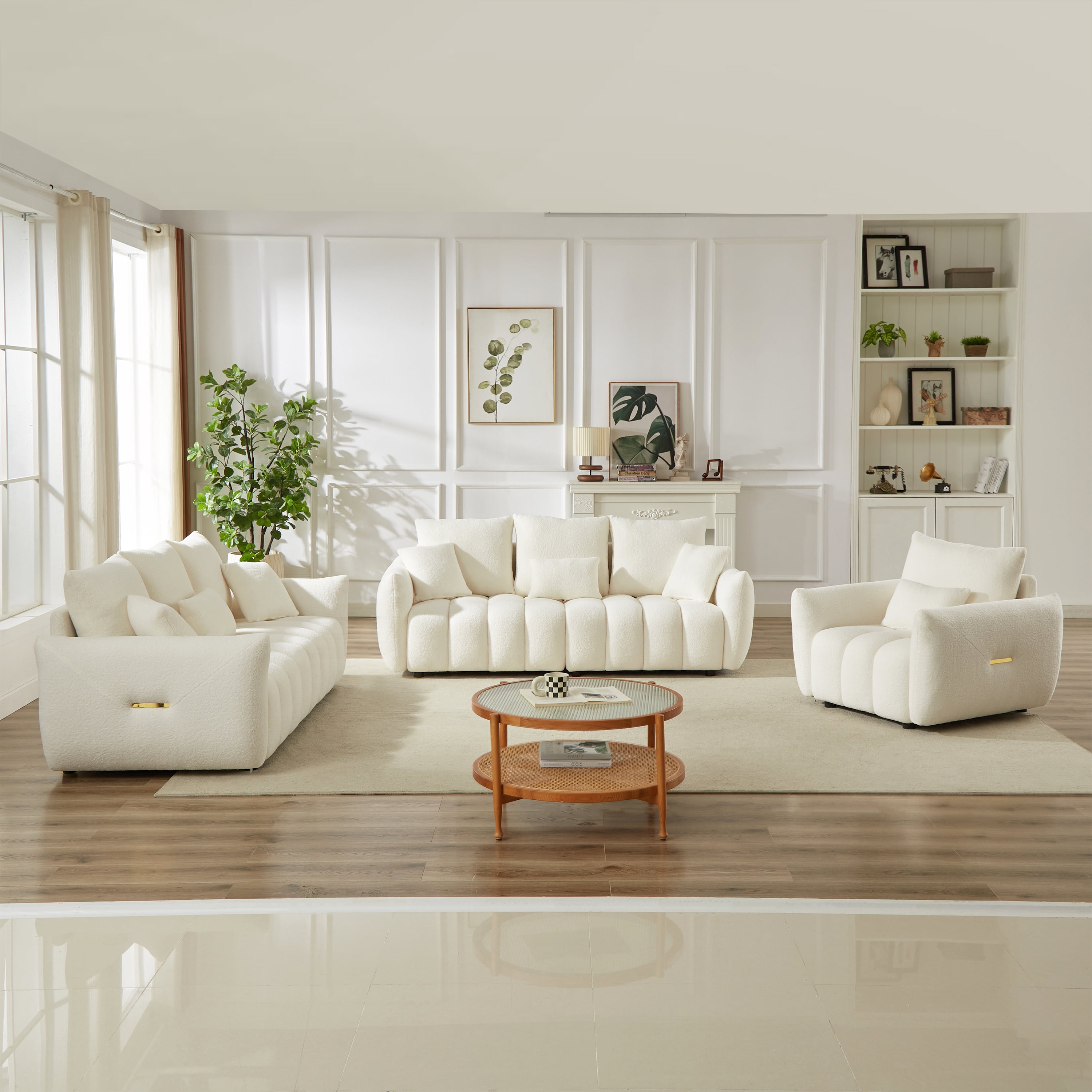 Combo Sofa Set 1+3+3 Seater with 7 Cushions, Teddy Fleece Wooden Frame Modern Living Room Sofa for Apartment, Beige
