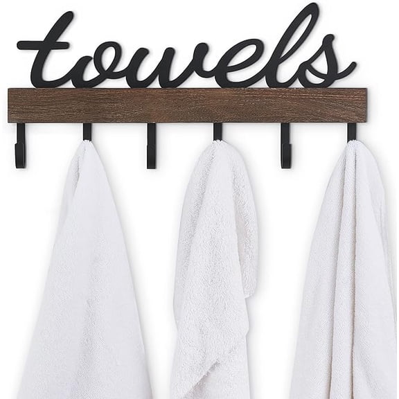 Towel Rack with 6 Hooks, Towel Holder Wall Mount Bathroom Organizer Rustic Farmhouse Home D r Towel Hanger Storage Hooks for Towel, Robe, Bag, Black