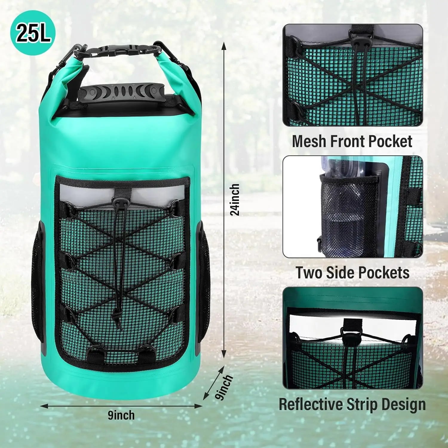 Dry Bag Waterproof Backpack Roll Top Outdoor Travel Bag with Reflective Strips 25L