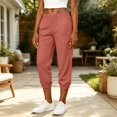 thumbnail image 6 of LEKODE Casual Women's Cotton Linen Jogger Capri Pants Elastic Waist Cropped Tapered Leg Lounge Travel Pants Watermelon Red M, 6 of 9