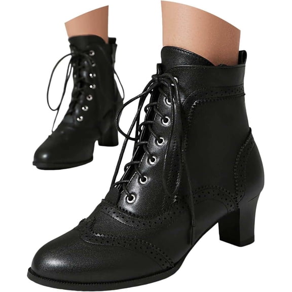 Winter Vintage Boots for Women PU Leather Lace Up Ankle Booties Side Zipper Shoes Mid Heel Fall Chunky Heel Short Boots