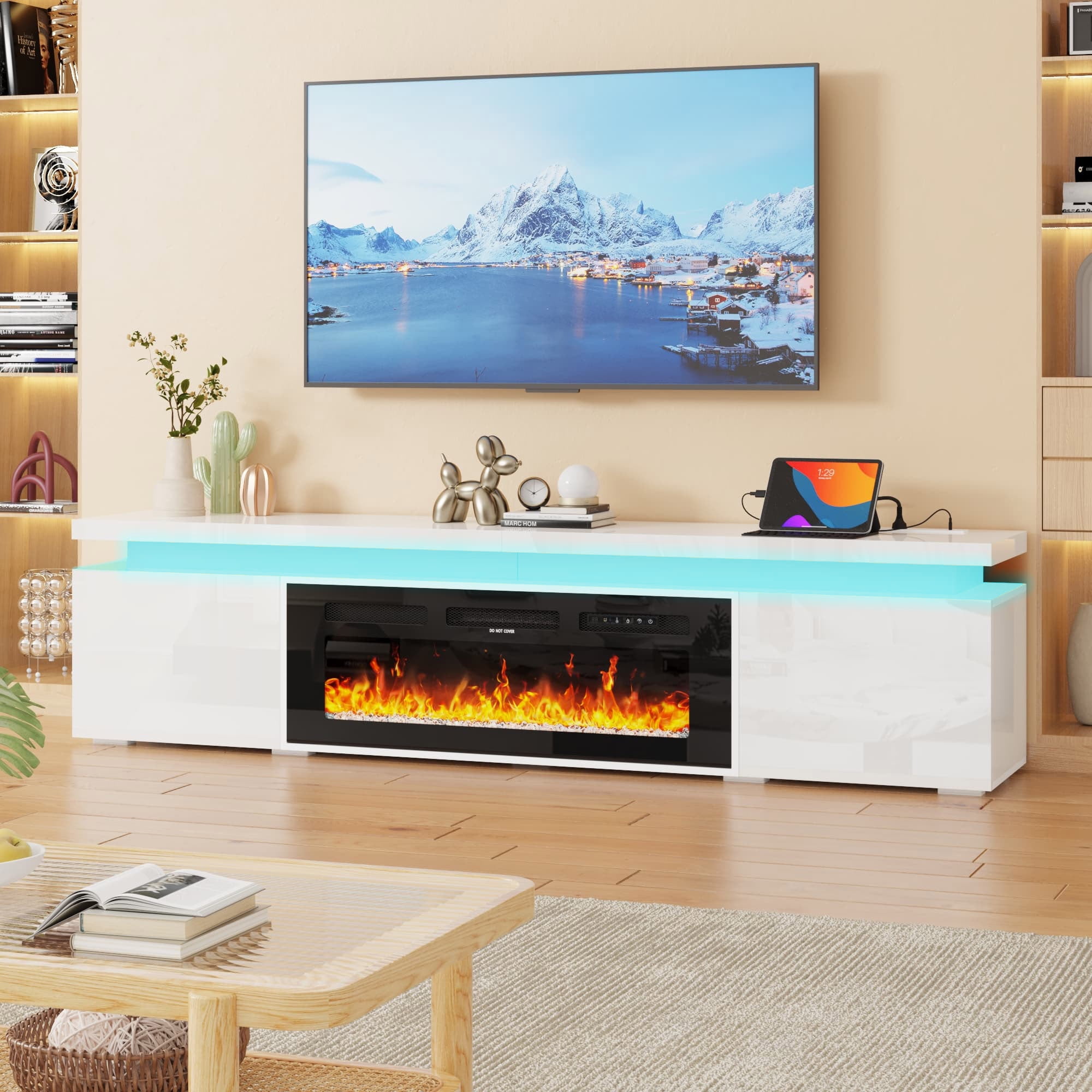 Fireplace TV Stand for 70" 75" 80" with LED Light & Outlets, 70" Large Entertainment Center Gaming Soundbar Shelf with 40'' Electric Fireplace