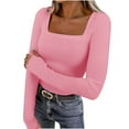 thumbnail image 2 of Otntypg Womens Long Sleeve Shirts Square Neck Tops Trendy Solid Color Ribbed Knit Basic Slim Fit Going Out Tops Fall Spring Outfits Fashion Clothes with Thumb Hole Pink XXL, 2 of 10