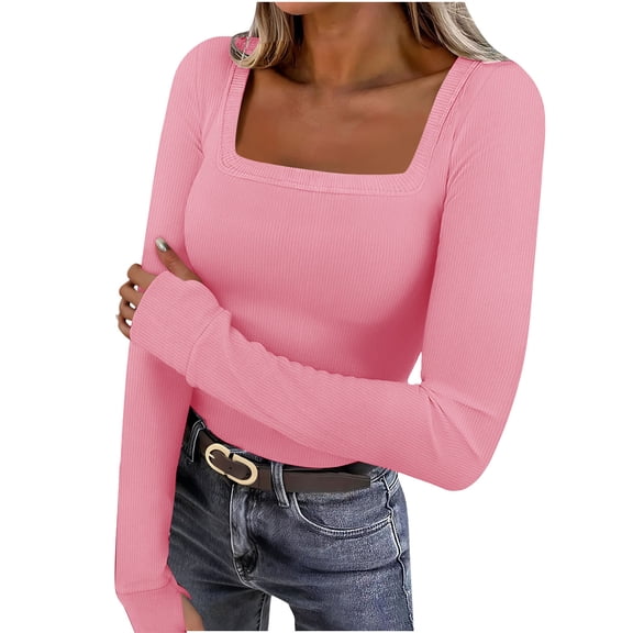Atogsazn Women's Square Neck Blouse Casual Ribbed Knit Thermal Underwear Tunic Tops Pullover Sweater Clothing 03-Pink XL Fashion