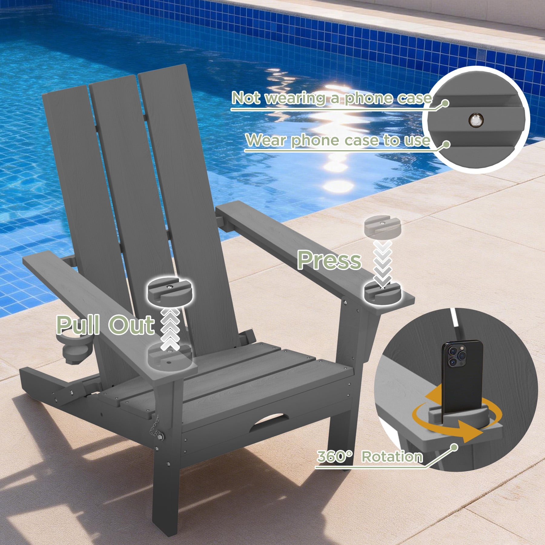 Tappio Folding Adirondack Chair All Weather HDPE Outdoor Patio Chairs with Detachable Multifunctional Holders and Cup Holders, Fire Pit Chairs for Yard Garden Poolside, Gray