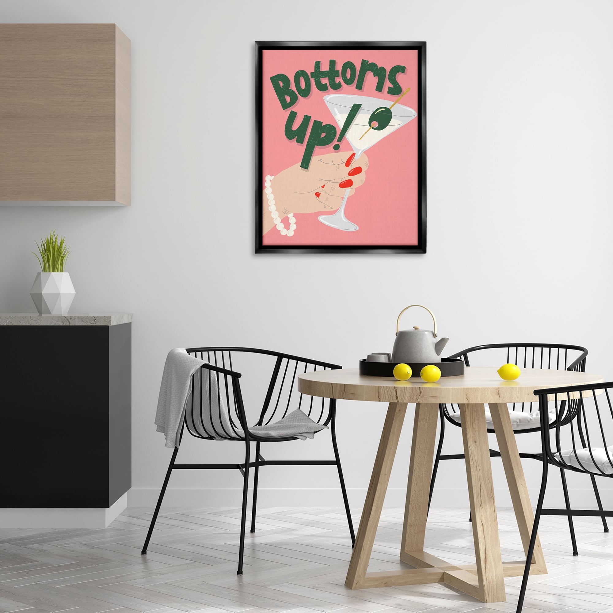 Stupell Industries Bottoms Up with Martini Food & Beverage Painting Black Floater Framed Canvas Art Print Wall Art, 25 x 31