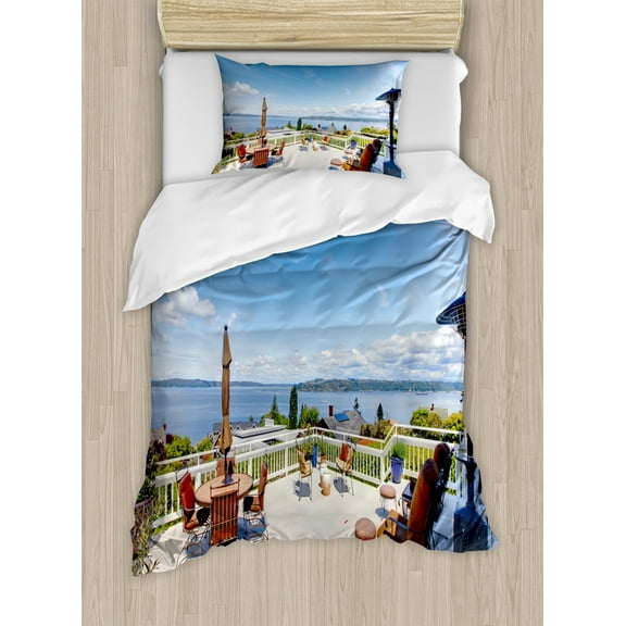 Landscape Duvet Cover Set Twin Size, White Ancient House Terrace Balcony for Sunbathing Relaxing Sea Ocean Scenery, Decorative 2 Piece Bedding Set with 1 Pillow Sham, Multicolor, by Ambesonne
