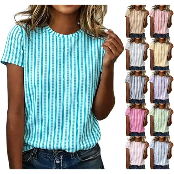 Endives Womens Summer Top Striped Tshirt for Women Round Neck Short Sleeve T Shirt Casual Loose Fit Top Summer Basic Tee Daily Wear Hot Pink M