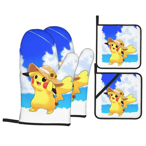 Cute Cartoon Pokemon Oven Mitts and Pot Holders 4 Pcs Set Suitable for Barbecues Baking Cooking Microwave