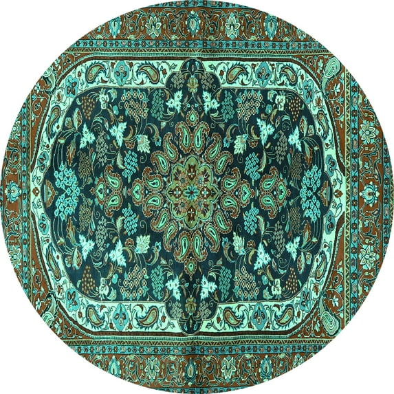 Ahgly Company Machine Washable Indoor Round Persian Turquoise Blue Traditional Area Rugs, 5' Round