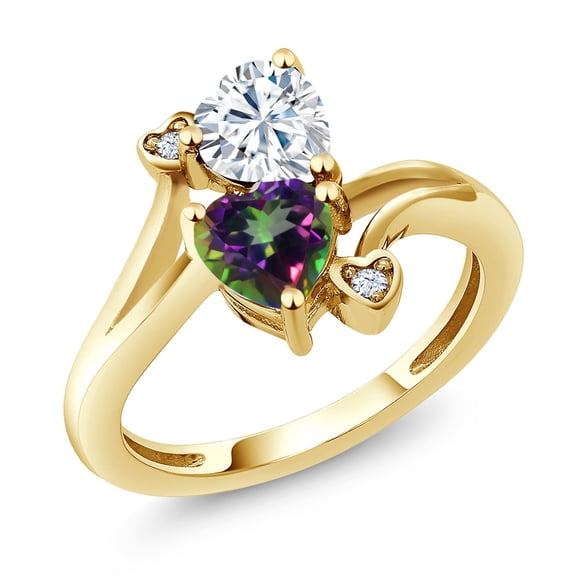 Gem Stone King 18K Yellow Gold Plated Silver White Moissanite Green Mystic Topaz Ring for Women (1.78 Cttw, Heart Shape 6MM, Gemstone Birthstone, Size 6)