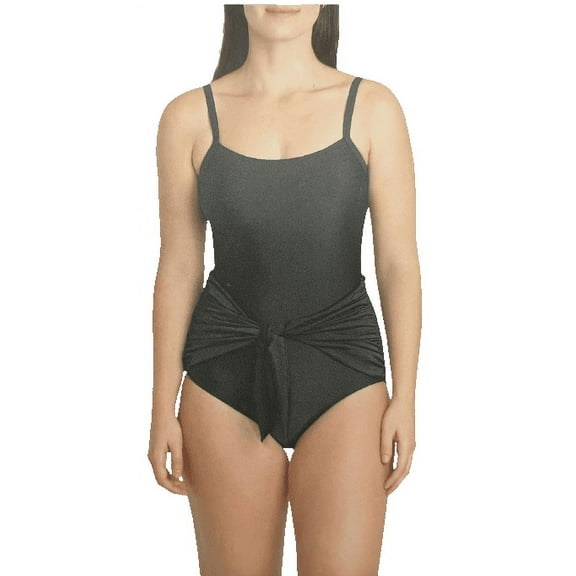 Carole Hochman Ladies' One Piece Tie Front Swimsuit UPF50  (Large, Solid Black)