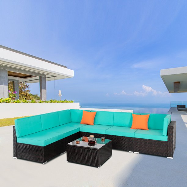 7 Pcs Outdoor Patio Furniture Sets All Weather Outdoor Sectional Sofa Sets Patio Conversation Set With Peacock Blue Cushion Glass Table Outdoor Furniture Sofa Sets For Patio Backyard Pool R994 Walmart Com