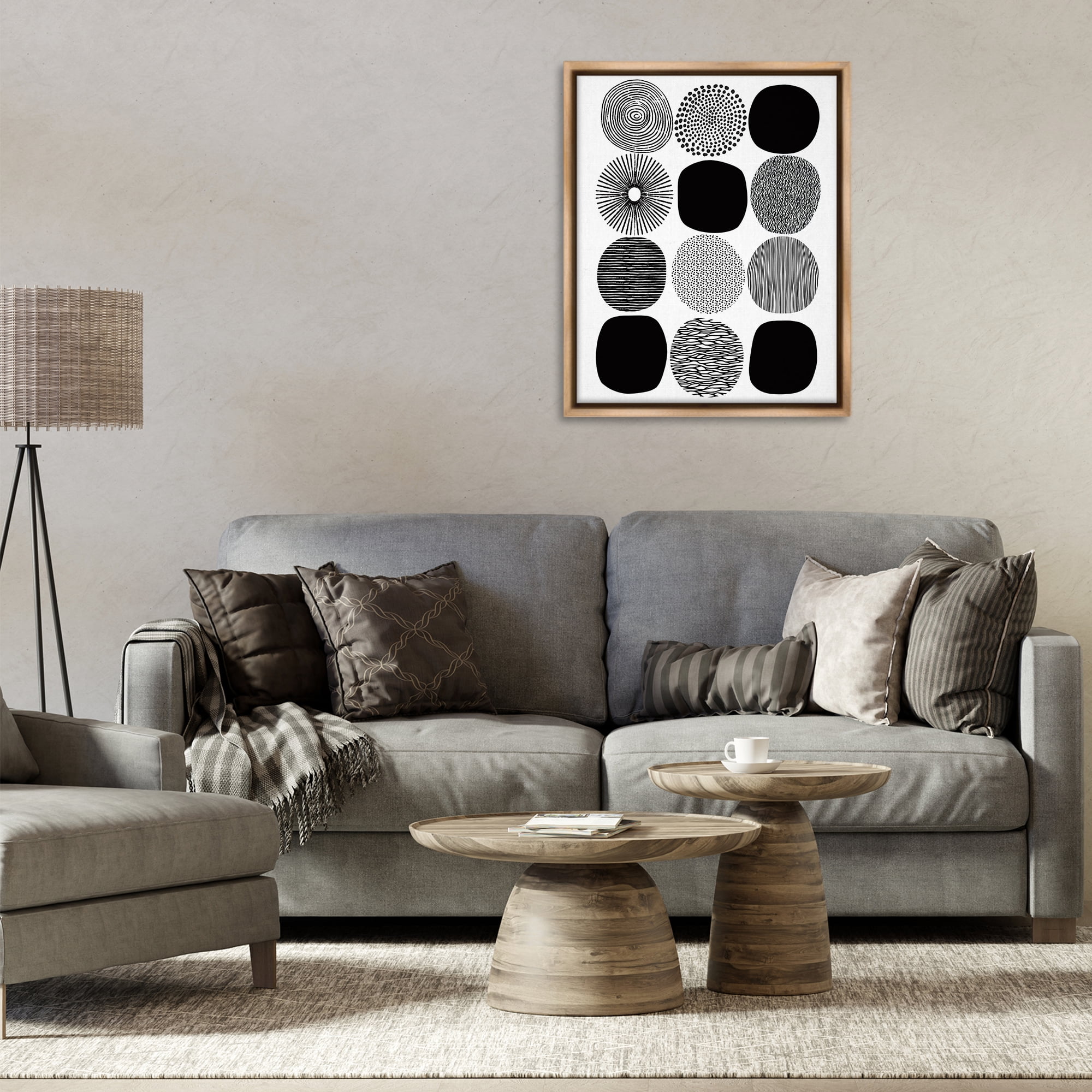 Stupell Industries Black & White Pattern Circles Abstract Painting Brown Floater Framed Canvas Art Print Wall Art, 25 x 31