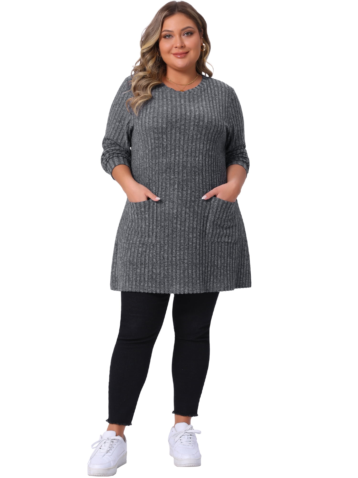 DARING DIVA Plus Size Sweaters Round Neck Knit Loose Pocket Pullover Top 1X Light Gray