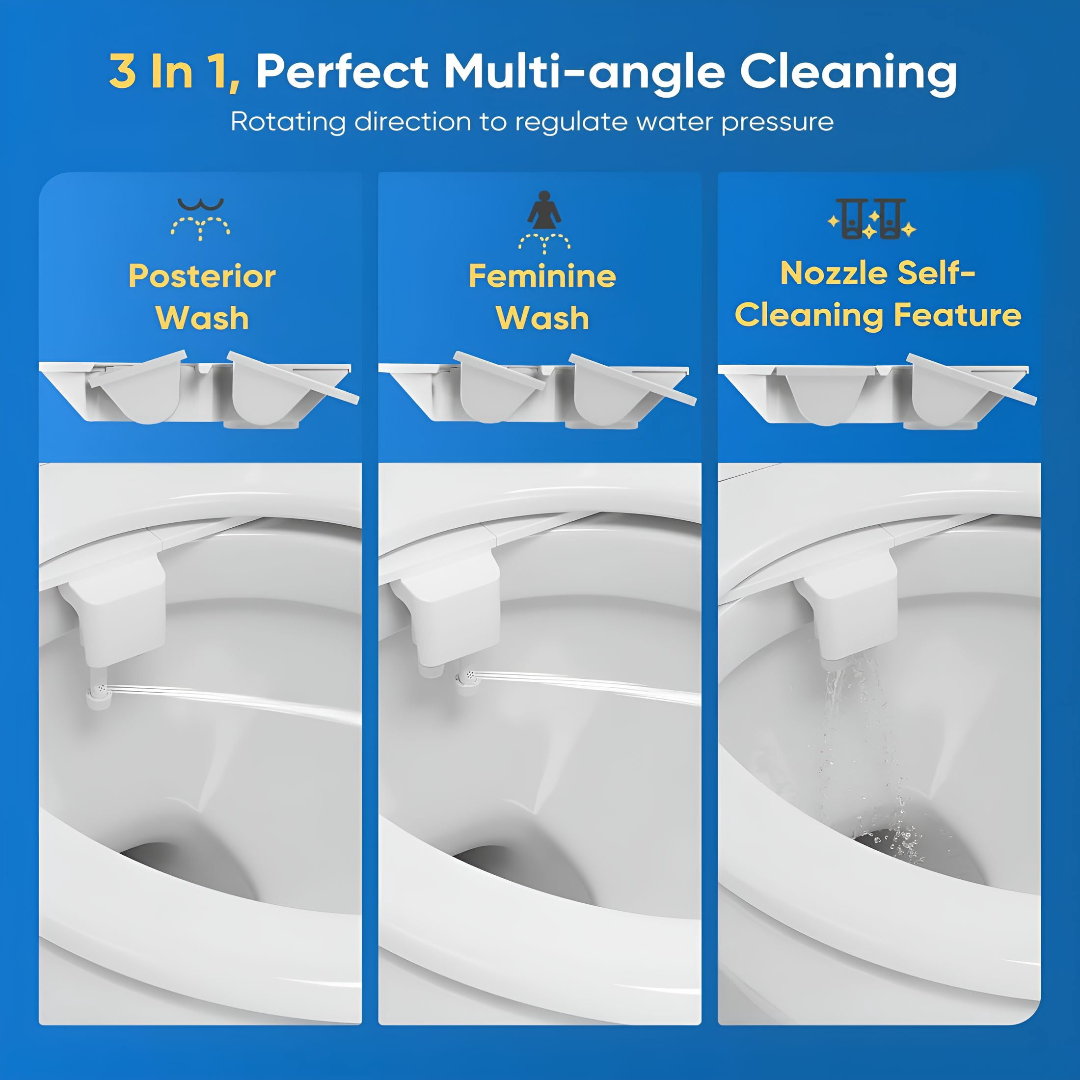 HIBIBUD Ultra-Slim 3-in-1 Bidet, Self-Cleaning, Posterior & Feminine Wash (Retractable Dual Nozzles), Non-Electric Bidet Attachment for Toilet Seat, Adjustable Fresh Cold Water Pressure