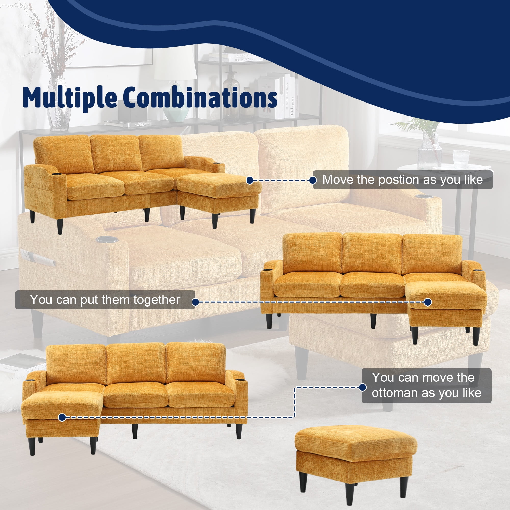 MOONMISS Chenille Upholstered L-Shaped Living Room Sofa with Storage Ottoman-Yellow