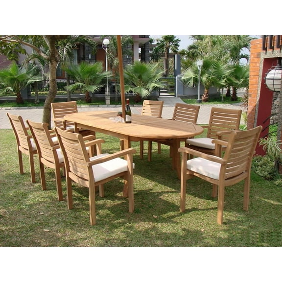 Teak Dining Set:6 Seater 7 Pc Luxurious Grade-A Set - 94" Oval Table and 6 Hari Stacking Arm Chairs Outdoor Patio Grade-A Teak Wood WholesaleTeak #WMDSHR4