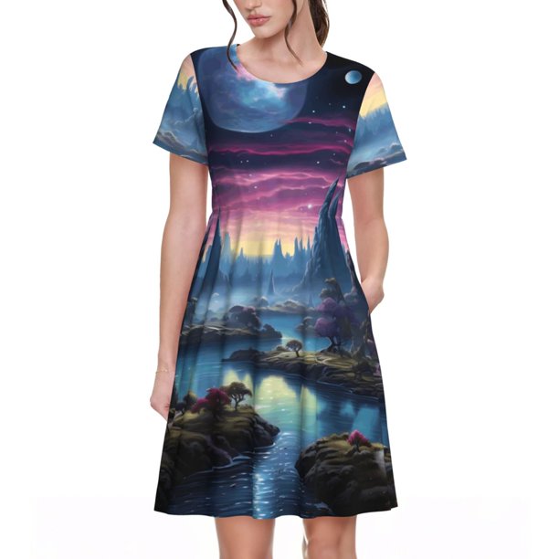 Easygdp Fantasy Landscape Starry Night para Vestido Transpirable de Mujer, Vestido Suelto de Manga Corta con Pliegues y Bolsillos para el Verano