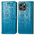 thumbnail image 2 of Allytechgroup Flip Wallet Case [Cat & Dog Cute Embossed Pattern] for iPhone 15 Pro with Card Slots Cash Holder, Magnetic Clasp Shockproof Kickstand Cover with Hand Strap, Blue, 2 of 7