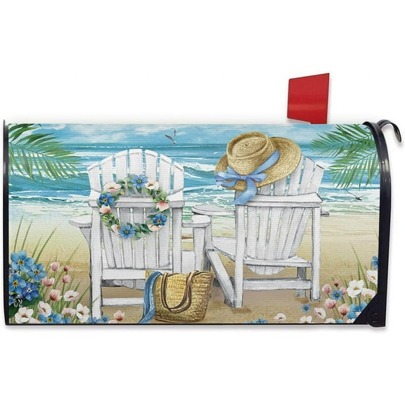 Spring Summer Beach Chair Mailbox Cover Magnetic Standard Size 21"x18", Coastal Forget-Me-Not Flower Decorative Post Letter Box Wrap Decor, Bag Hat Nautical Garden Yard Outdoor Decoration