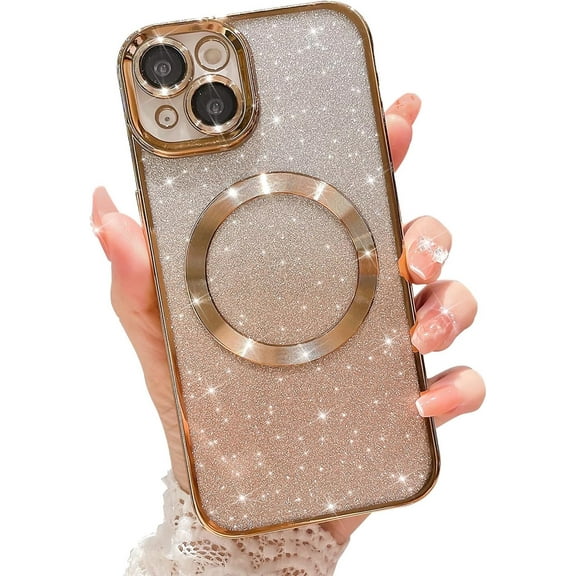 for iPhone 15 Plus Magnetic Gardient Glitter Case, Plating Bling Cute Case Compatible with MagSafe for Women Girls Full Camera Protector Back Cover for iPhone 15 Plus 6.7 Inch Gold