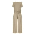 thumbnail image 5 of Wyobmus Women's Summer Linen Jumpsuits Comfy Short Sleeve Round Neck Jumpsuits Solid Color Casual Wide Leg Waist Rope Jumpsuit Pants Romper With Pockets Khaki, 5 of 9