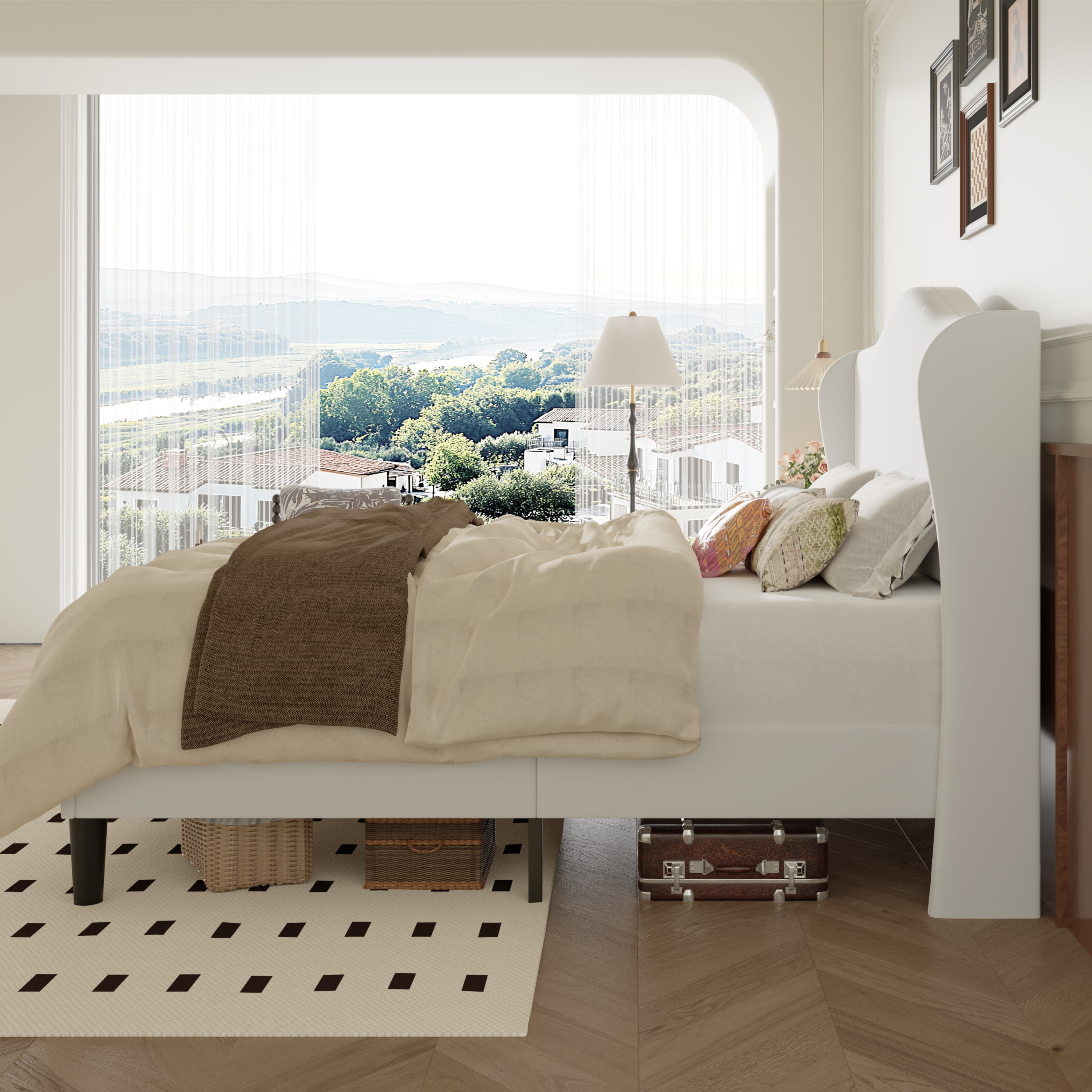 Amolife Queen Bed Frame with Velvet Upholstered Wingback Headboard, Personalized Platform Bed, No Box Spring Required, White