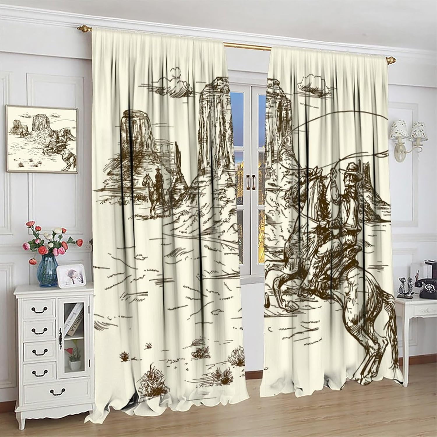 Vintage American Wilderness Western Cowboy Blackout Curtains for Bedroom,Sketch Style Western Cowboy Cacti Room Darkening Window Curtains with Rod Pocket - 2 Panels 84" L x 42" W