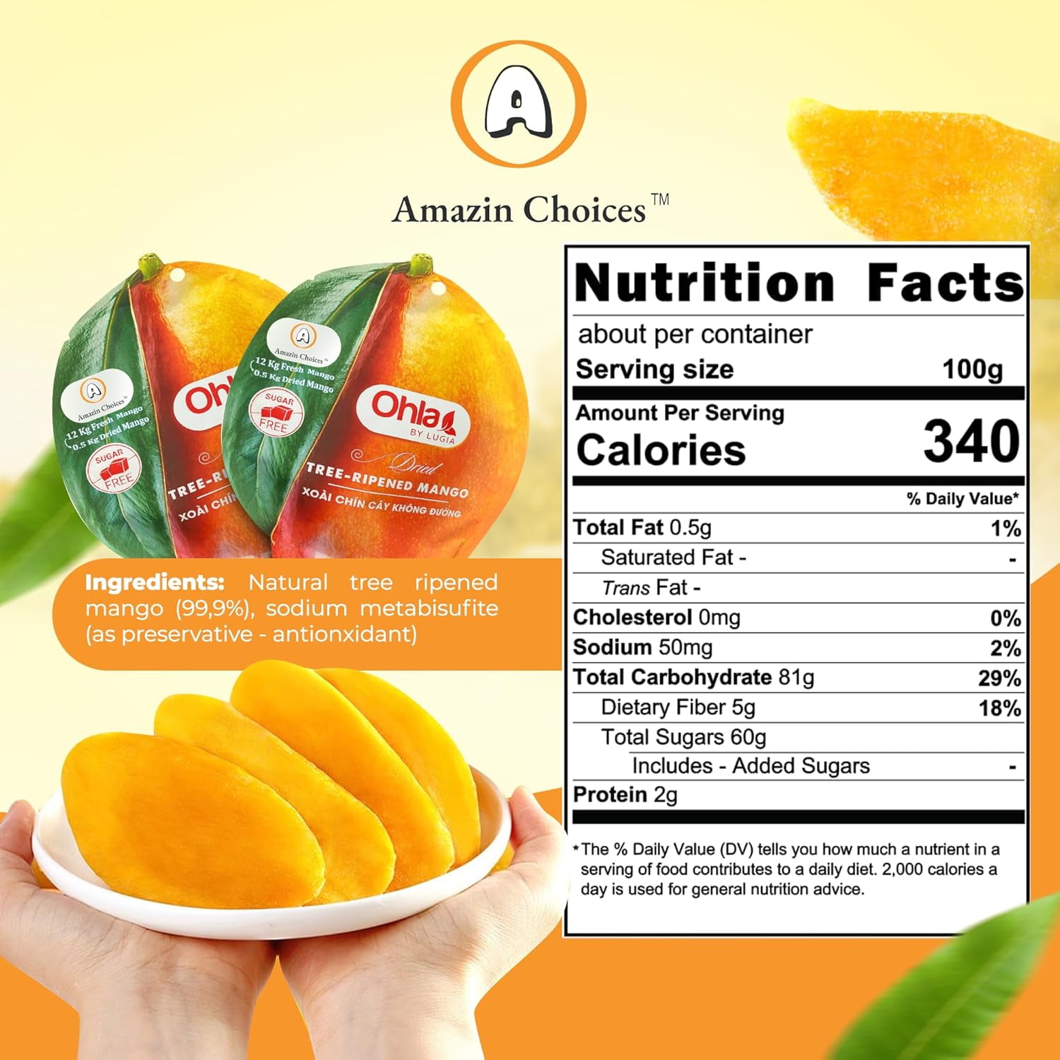 (5 pack) Amazin Choices Dried Tree-Ripened Mango Slices, Sugar-Free, Vegan, Gluten-Free, Fruit Snack, 7.05 oz