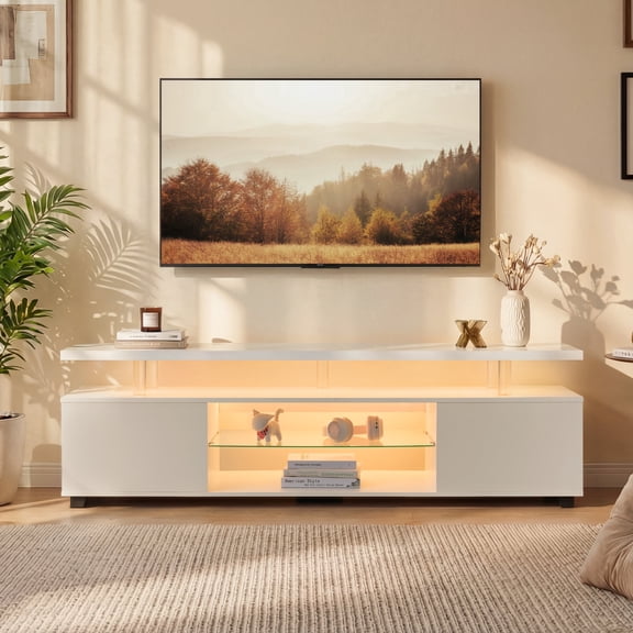 TV Stand for 70 Inch TV, LED Gaming Entertainment Center Media Storage Console Table with Large Side Cabinet for Living Room, White